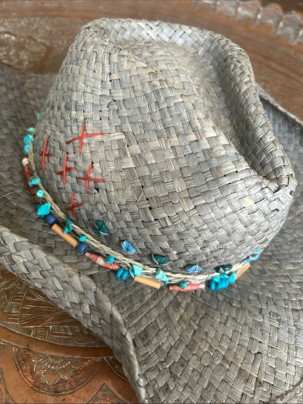 Upcycled Woven Straw Fedora Cowgirl hat with Turquoise Bead Trim
